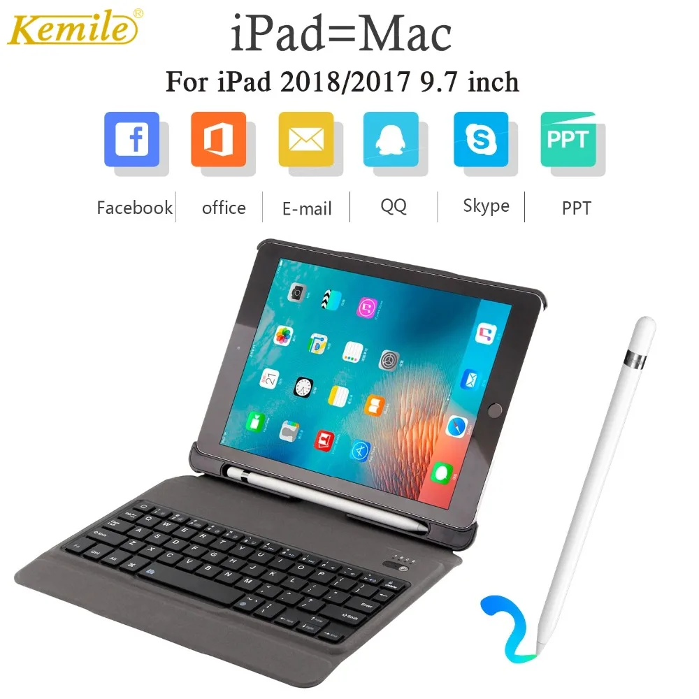 ergonomic Bluetooth Keyboard Case For iPad 2018 2017 9.7 W Pencil Holder Multi-angle Stand Ultra-thin Leather Cover A1893 A1954