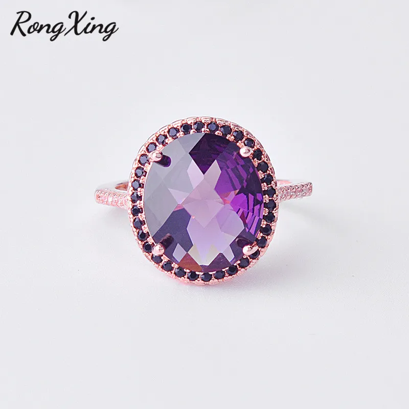 RongXing, Большой Овальный Фиолетовый Кристалл, циркониевые кольца для женщин, винтажная мода, розовое золото, заполненный черный камень, обручальное кольцо, подарок матери