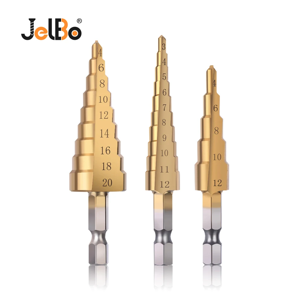  JelBo 3Pcs HSS Titanium Coated Step Drill Bit Set 3-12mm 4-12mm 4-20mm Step Drill Wood Drilling Pow