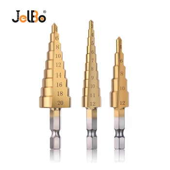 

JelBo 3Pcs HSS Titanium Coated Step Drill Bit Set 3-12mm 4-12mm 4-20mm Step Drill Wood Drilling Power Tools Metal Hole Opener