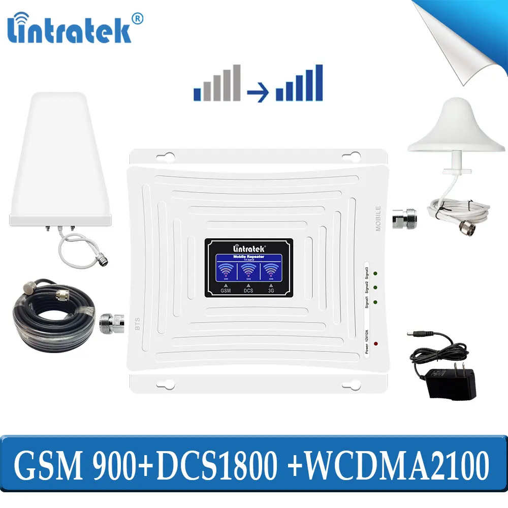 

lintratek Tri band 2g 3g 4g repeater gsm 900 1800 2100 cellular signal network booster 900mhz wcdam 2100mhz dsc lte amplifier