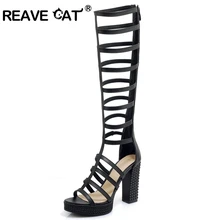 REAVE CAT Women Ladies Gladiator Platform Summer boots chunky high heels Sexy Striper party high heel hollow Zipper Big size 43