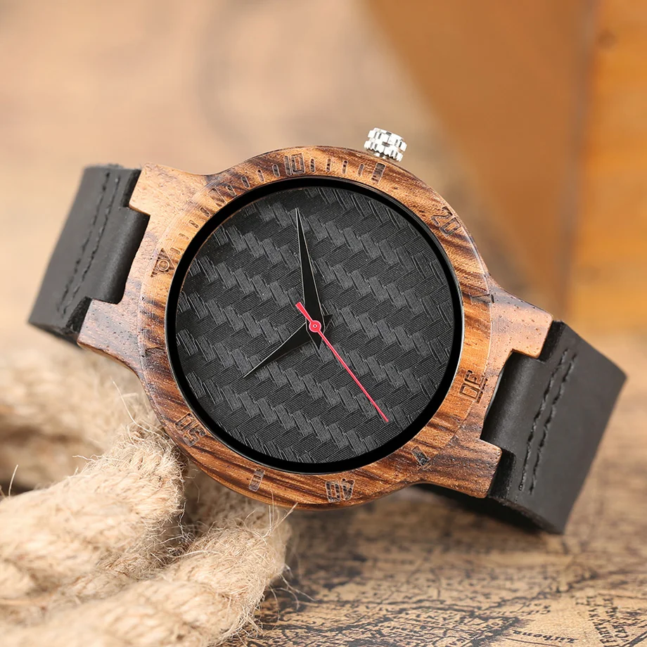Top Men's Wooden Watches High Quality Black Handmade Natural Wood Bamboo Quartz-watch No Number Face Chic Second Hand Clock Male (36)