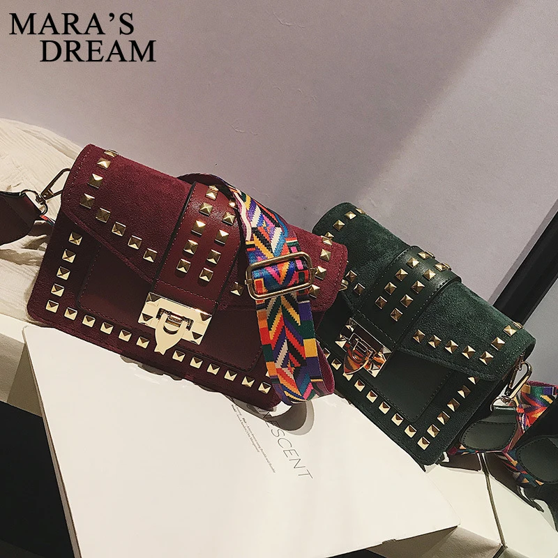 Mara's Dream Women Plap Bags Solid PU Leather Rivets Shoulder Bags Women Colorful Wide Shoulder Strip Handbags Crossbody Bags