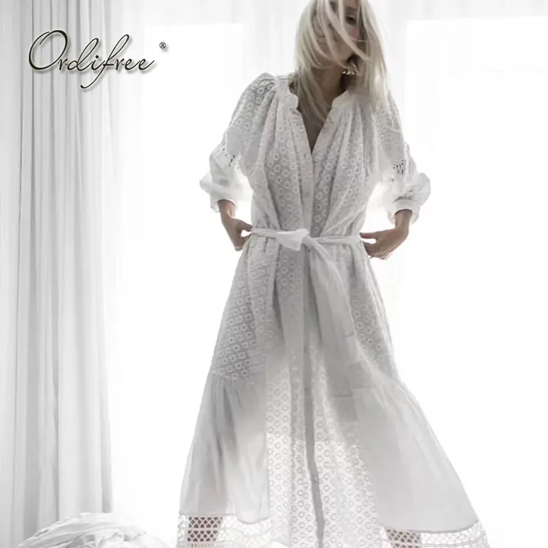 

Ordifree 2018 Summer Women Long White Lace Dress Sexy Boho Beach Dresses Belted Tassel Crochet Embroidery Maxi Dress Robe Femme
