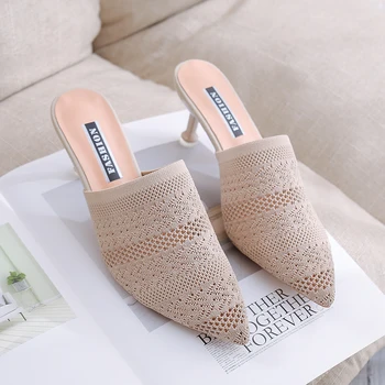 

Knitted Elastic Upper Mules Slippers Home Women High Heel 7 Cm Slippers Female Sock Shoes Summer Brand Designers 2019