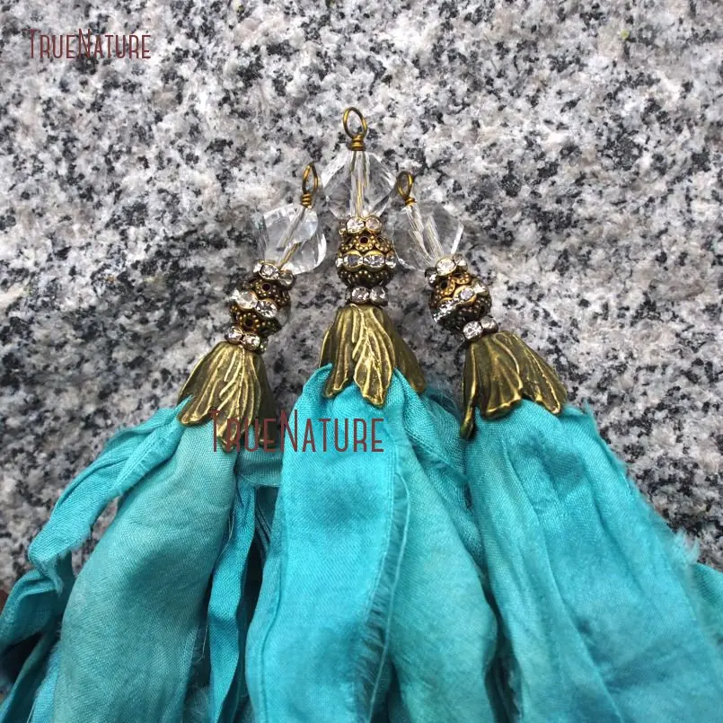 

New Turquoises Blue Tassel Jewelry Handcrafted Sari Silk Tassel Antique Bronze Electroplated Accessory Cap In 6.8 inch PM9119