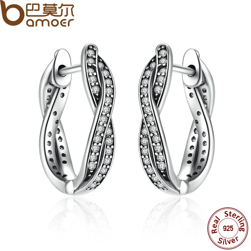 

BAMOER Authentic 925 Sterling Silver Twist Of Fate Stud Earrings, Clear CZ for Women Wedding Fashion Jewelry PAS465