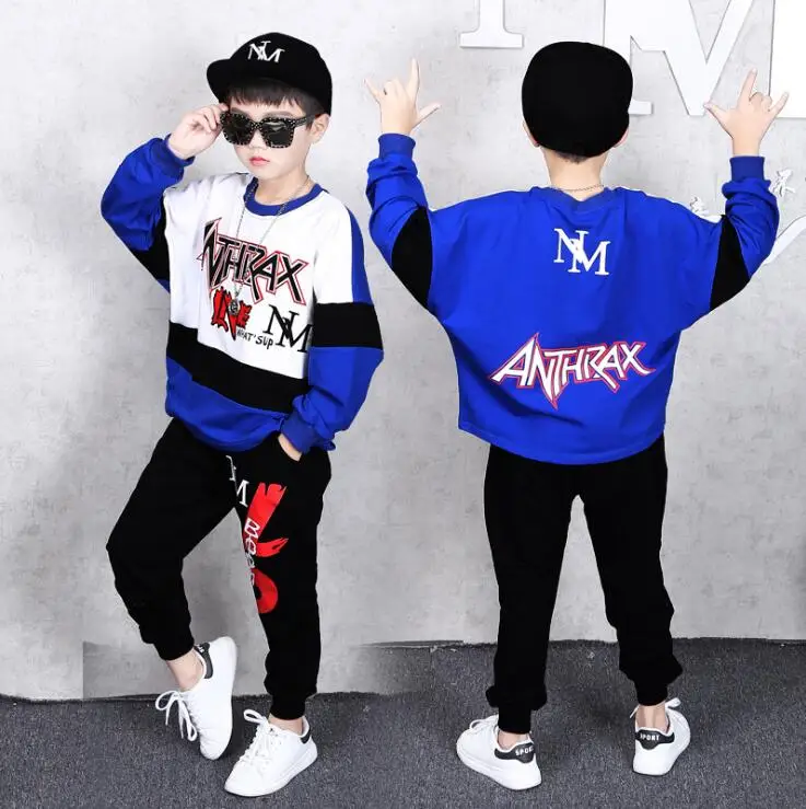 

Boys Hoodies Haren Pants Tracksuit Clothes set Kids Autumn Cotton Blue Suit Boys Dance Clothing Sets For 4 6 8 10 12 14 Years