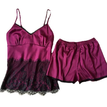 

Female Lace Pajamas Sets Free Shipping Satin Silk Nightwear For Women Young Girls Lingerie Set Two-Pieces Pijamas Set Home Wear