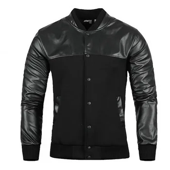 

Top quality 2020 autumn winter mens Casual British PU leather patckwork stand collar Single Breasted Rib Sleeve jacket mens