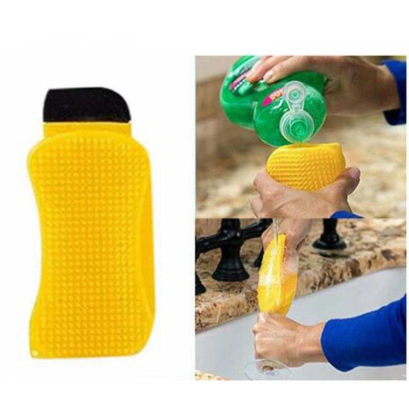 

3-In-1 Silicone Sponge Brush Hero Cleaning Brush Sponge Magic Cleanner Squeegees for Built with Soap Dispenser in Kitchen Brush