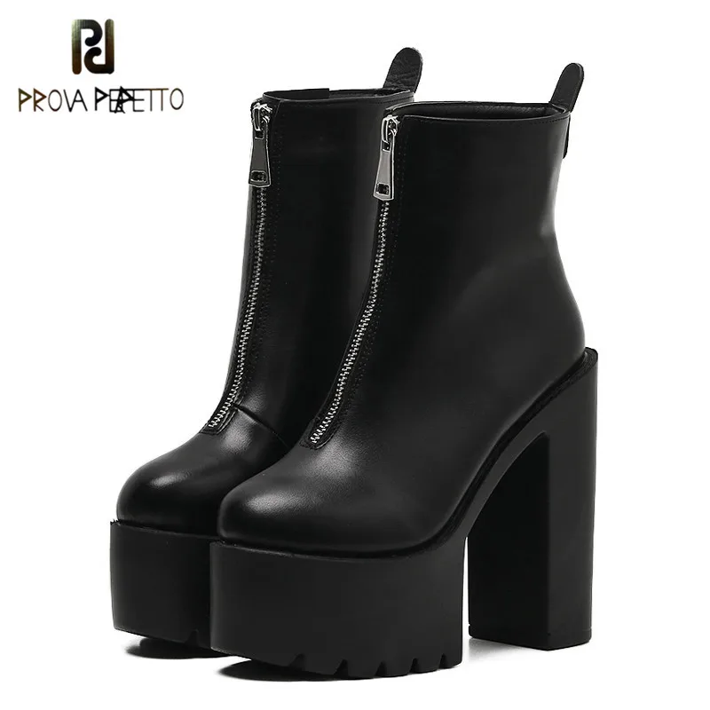 

Prova perfetto 2019 Fashion Women Ankle Boots Leather Black Female High Heels Shoes High Platform Heels Round Toe Lady Shoes