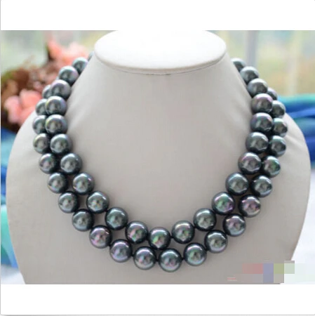 

P4663 2ROW 14MM ROUND PEACOCK BLACK SOUTH SEA SHELL PEARL NECKLACE^^^@^Noble style Natural Fine jewe FREE SHIPPING