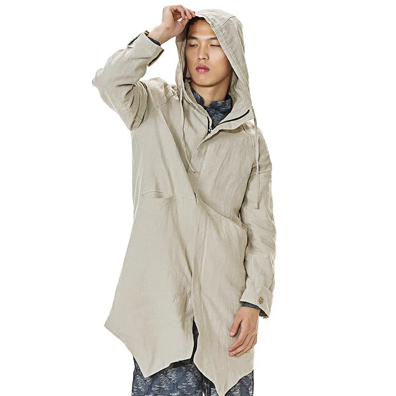 

2019 Hooded Windbreaker Male Middle and Long Paragraph Spring and Autumn Flax Loose Coat Cloak Man Cloak Polyester Lining D953