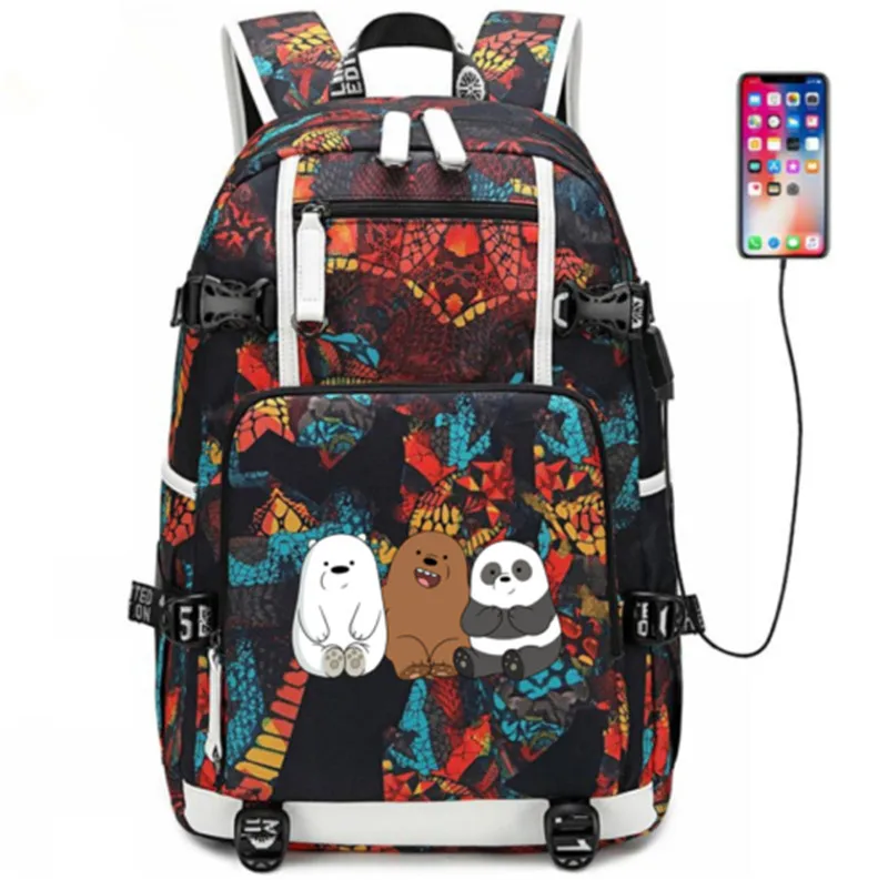 

Anime TV We Bare Bears Backpack USB Port Rucksack Bag Snake Pattern Teenager Student School Bags travel Shoulder Laptop Bag