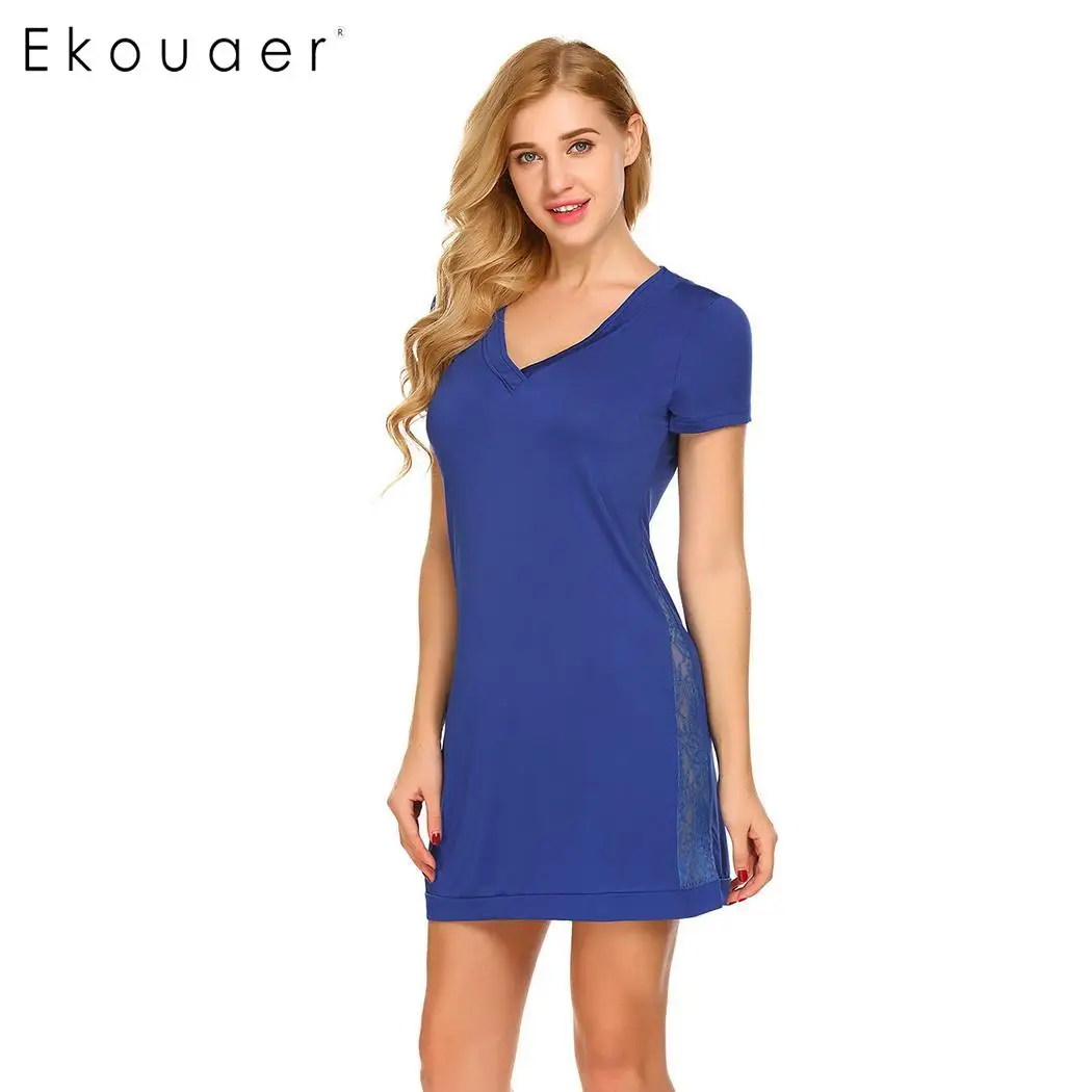 Ekouaer Для женщин Ночная рубашка трусы Ночное платье с глубоким v-образным вырезом короткий рукав одноцветное сторона кружева лоскутное