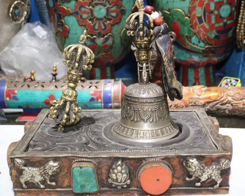 

free 12" Tibetan Bronze Lion Fu Foo Dog Buddha Head Dorje Vajra Bell & Holder Box Set fast