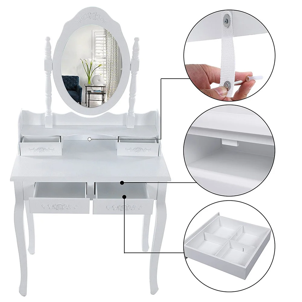 

Retro Vanity Mirror Multifunctional Dressing Table White 4 Drawers A Mirror European Female Compound Paulownia MDF Board HWC