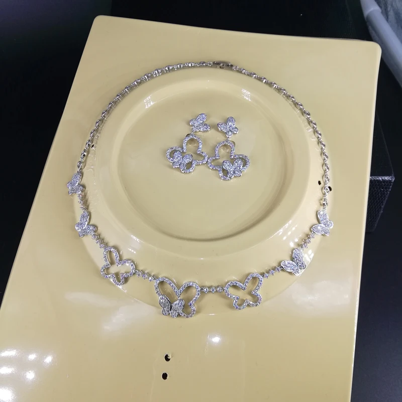 

2019 NEW FASHION elegant butterfly zircon white gold/pure gold color necklace earrings set wedding bride banquet dinner jewelry