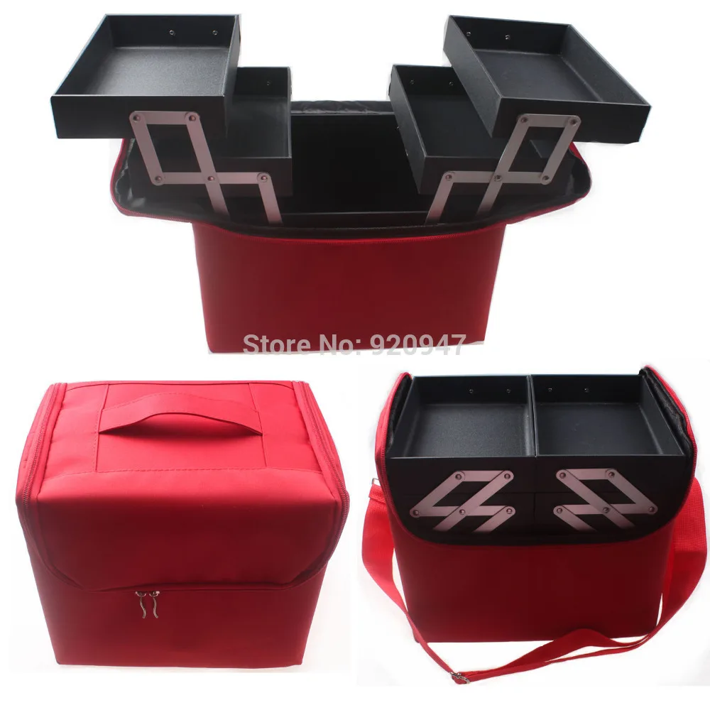 Профессиональная портативная коробка для макияжа, косметичка, чехол для косметики, многоярусная шкатулка для украшений - Цвет: Red