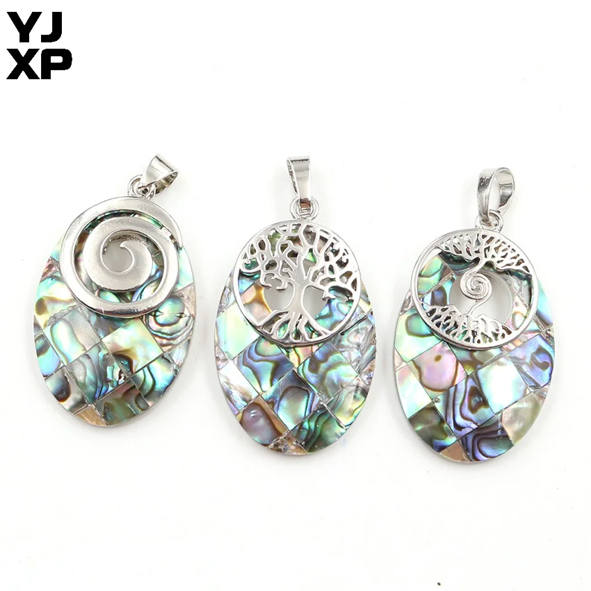 

YJXP 1 Pcs Classic Oval Natural Abalone Shell Pendant Silver Plated Hollow Tree of Life Peace Buckle Necklace Pendants Jewelry