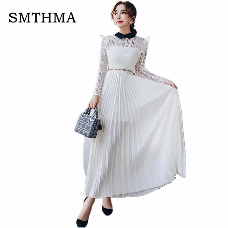 

SMTHMA 2019 New Spring Runway Sexy Women Lace Dress Patchwork Hollow Pleated Dress Ruffles Split Lapel Lady Chiffon Long Dresses
