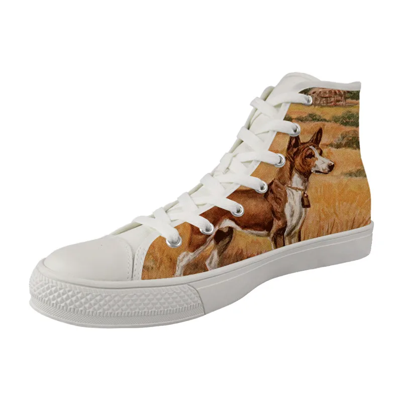 

2019 New Outdoor street fashion style High Top Canvas White Shoes Wimen's Flat shoes Female Fashion Casual Basenji print shoes