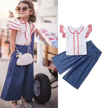 

Toddler Kids Baby Girls T-shirt Polka Dot Butterfly Sleeve Tops+Long Jeans Denim Pants Cute Outfits Clothes