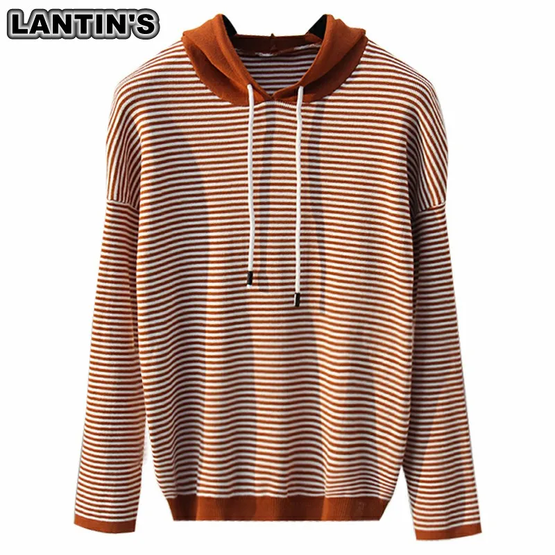 LANTIN'S 2018 FALL WINTER SWEATERS WITH WOVEN HOODED stay cord . TAPE LADIES WOMAN STRIPED LINE PULLOVER DROP SHOULDER. X227