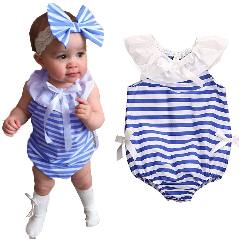 2017 Newborn Babies Sky Blue Stripes Bodysuits Baby Boy Girl Cute