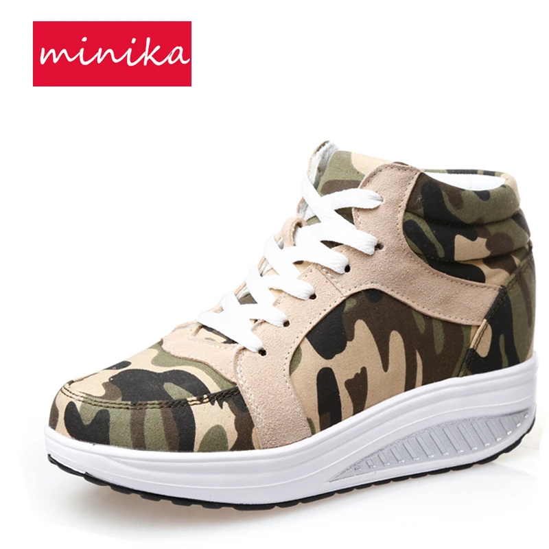 Camouflage Women Swing Shoes High-top Lacing 4.5CM Wedge Toning Shoes Comfortable Loss Weight Slimming Sneakers For Women
