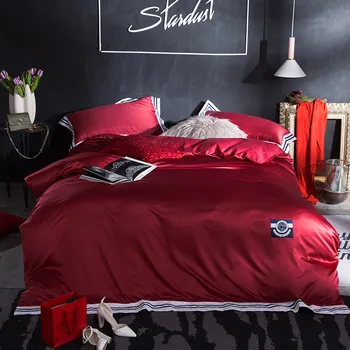 

Sports style Washed Silk Luxury Ribbon Bedding Set Silky Smooth Duvet cover Flat/Fitted Sheet Pillowcases Queen King size 4pcs