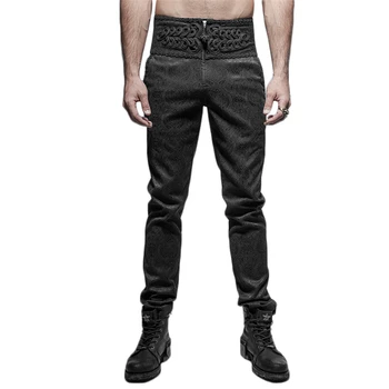 

Gothic Peacock Botton Men Casual Pants Black Spring Skinny Trousers Washed Jacquard Long Formal Pants