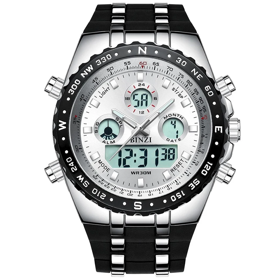 

BINZI Big Dial Sports Watches for Men Analog Digital Display Waterproof Military Tactical Wrist Watches with Black Silicone Band