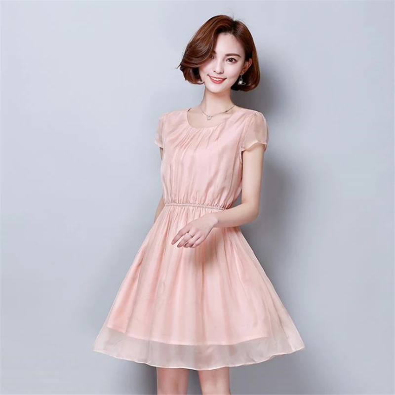 

Female Summer Short Sleeve O-neck Knee-length Silm 60% Silk Dresses Lady fall Oversized Silk Dress Seda frock Seda Vestido Robe