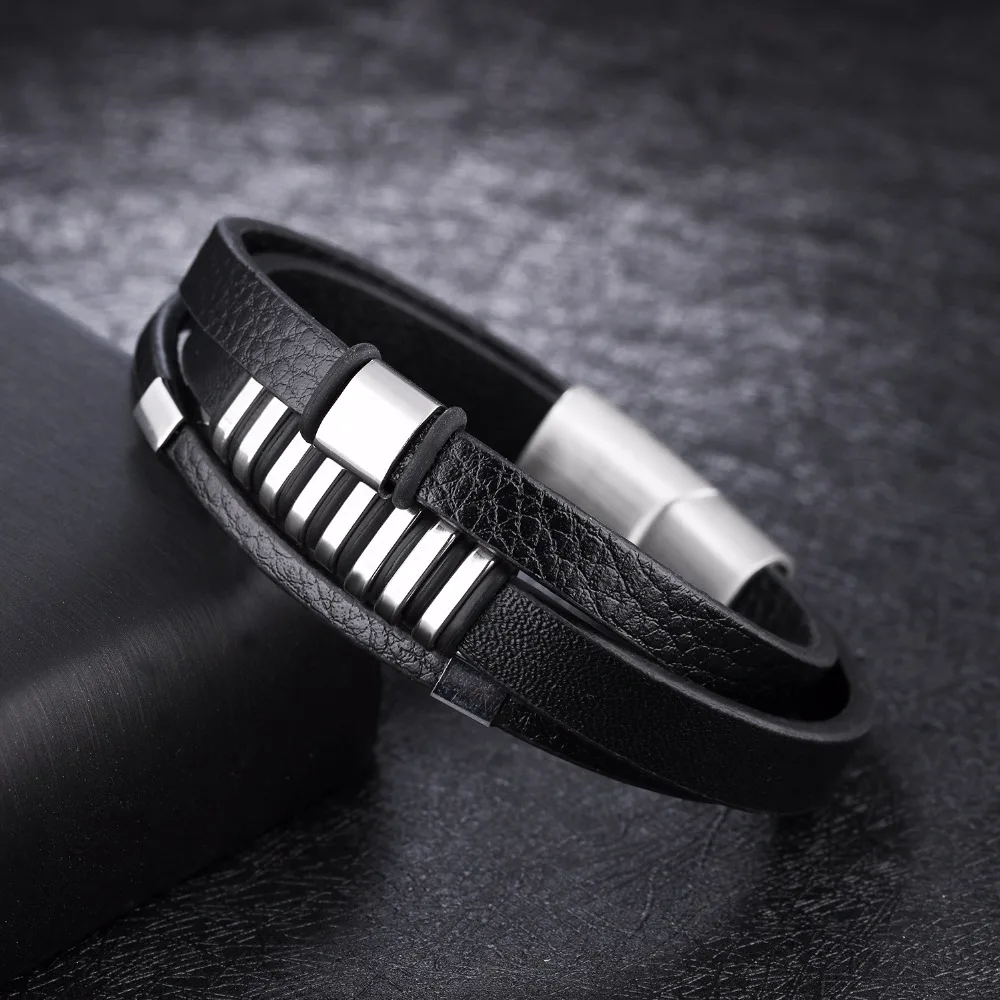 FATE LOVE Fashion Punk Male Men Statement Wrap Bracelet Bangles Jewelry Black Leather Wristlet with Stainless Steel Charm
