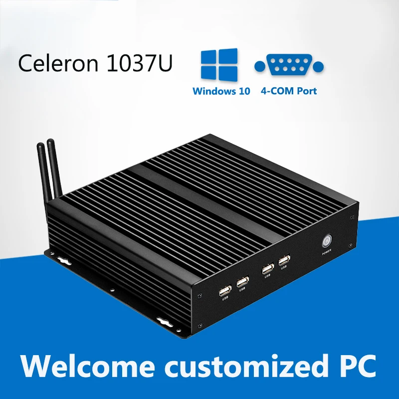 

Fanless Mini PC 4*COM Intel Celeron 1037U 1.80GHz Mini Computer Windows Ubuntu Industrial Computer Desktop 4*RS232 8*USB Fanless