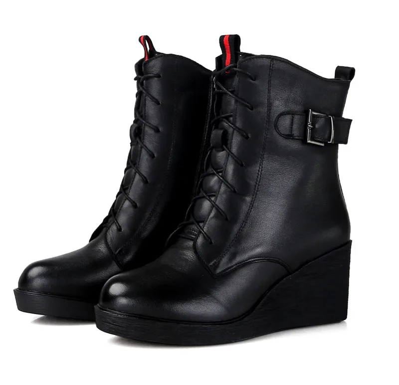 ASUMER/Модные ботильоны для женщин черного цвета; ботинки из натуральной кожи с круглым носком; обувь на танкетке; зимние теплые ботинки с перекрестной шнуровкой
