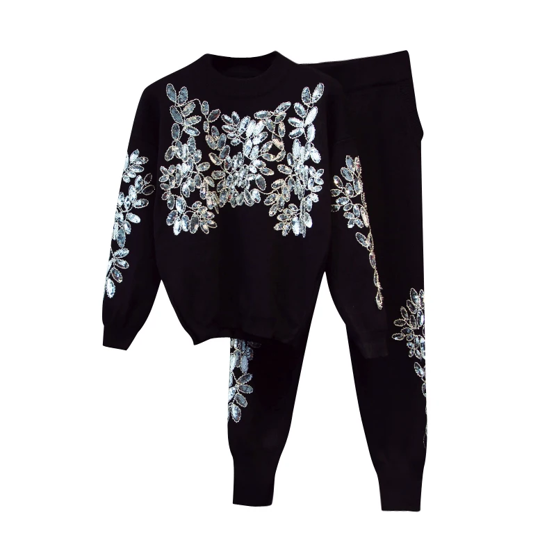 

Oshangchaopin Women Embroidery Handmade Sequined Floral Casual Long Sleeve Knitting Sweater Tops+Pants Tracksuit Clothing Set