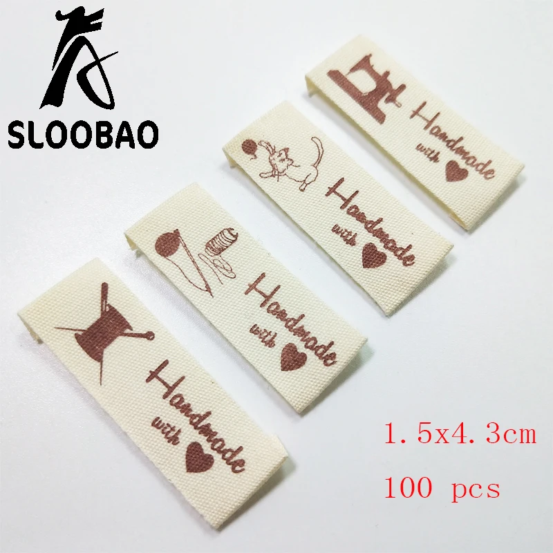 

Sloobao 100pcs hand made with love cotton printed label washable for Clothing Labels Handmade Embossed Tags DIY Flag Labels For