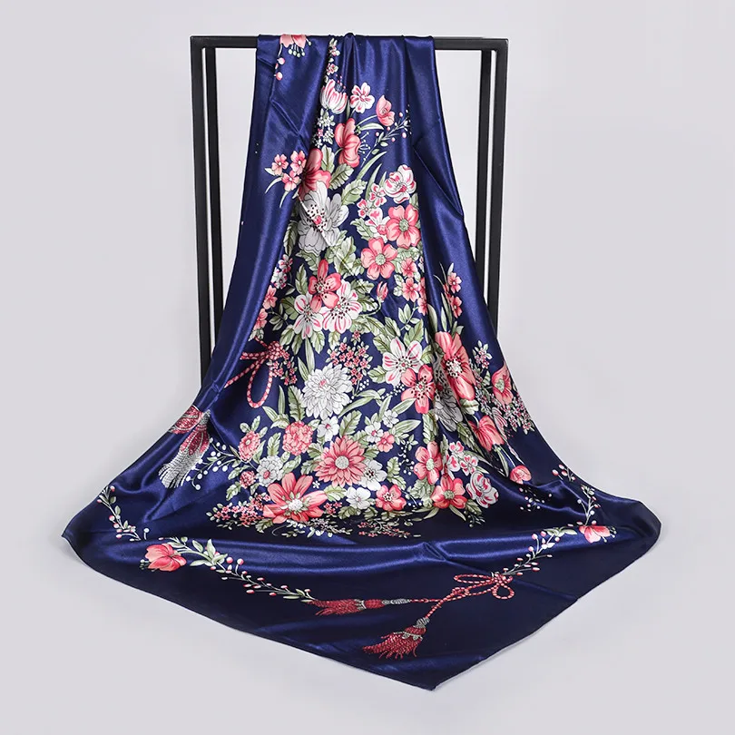 [BYSIFA] Черные золотистые шарфы для женский платок новые осенние зимние брендовые шали с буквами шарф на голову 90*90 см атласный Шелковый квадратный шарф - Цвет: navy blue floral