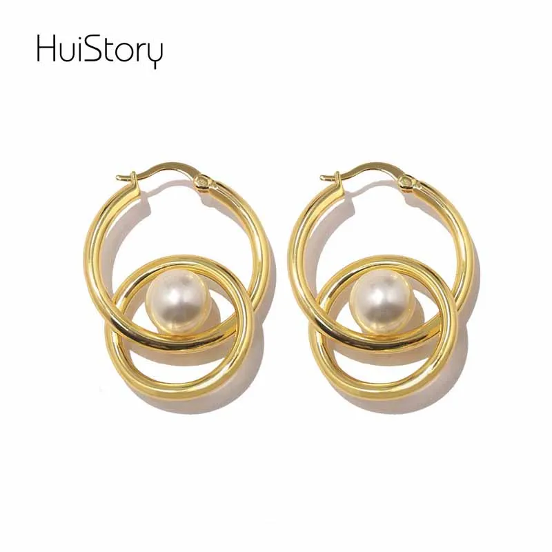 

HUISTORY Fashion Glossy Pearl Double Ring Earrings White Pearl Drop Earrings For Women Vintage Statement Patry Gift Jewelry