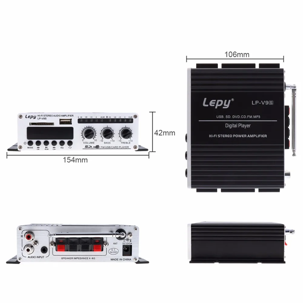 LEPY V9S 2 канальный 20 Вт x Bluetooth Hi Fi цифровой аудио плеер автомобильный усилитель FM