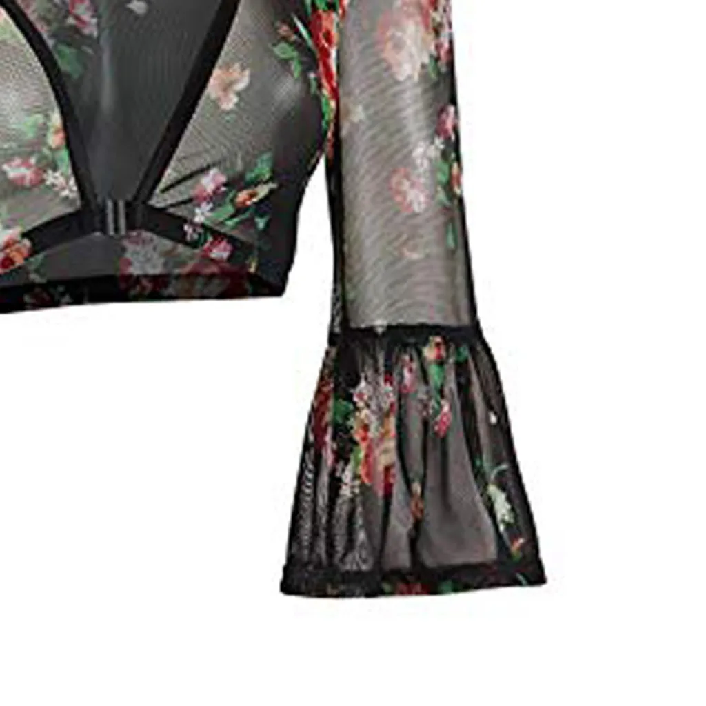 Женская Двусторонняя одежда, прозрачная, плюс размер, бесшовная, облегающая, с рукавами-трубами, топ, сетчатые блузки с цветами, перспективный кардиган, топы, VD7