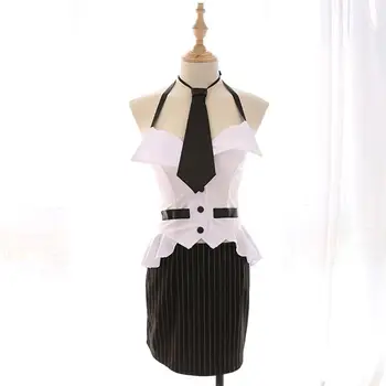 

Women Sexy Halterneck Secretary Uniform Teacher Costume Role Play Stripes Skirt+Tie + Top+ T-back+ Socks