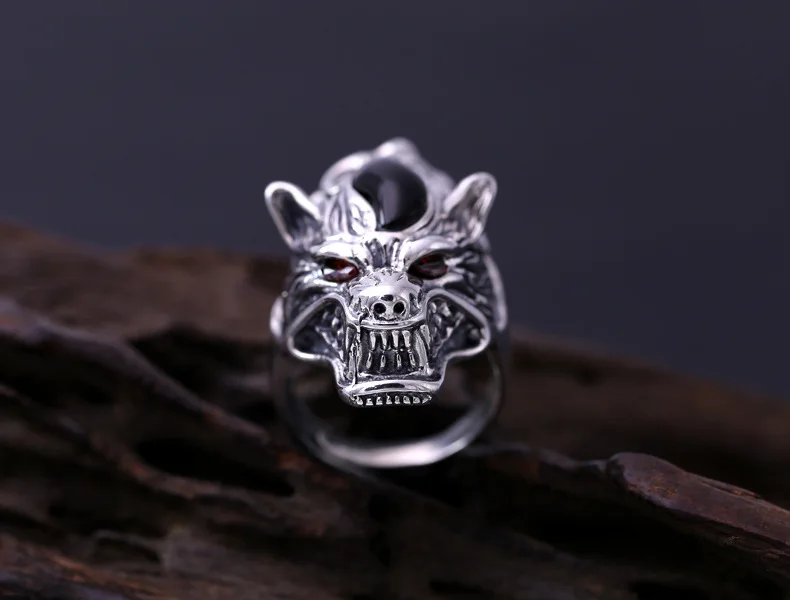 

Evil Punk Hiphop Rock S925 Sterling Thai Silver Wolf Head Rings for Men Male Fine Jewelry Gift US Size Adjustable 9-12