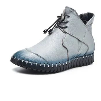 

Woman Boots Genuine Leather Lace up Women Ankle Boots Round Toe Flat Ladies Autumn Shoes Female Boots
