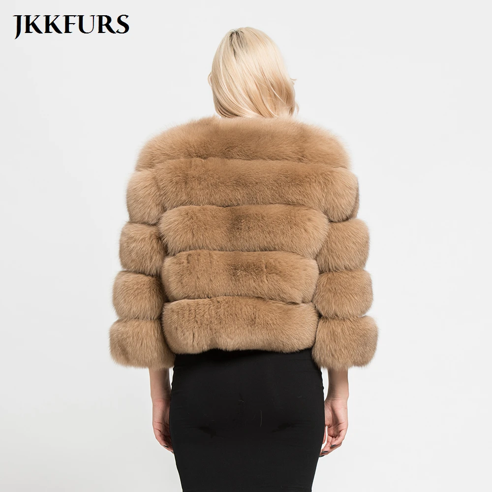JKKFURS Женское пальто из натурального Лисьего меха с карманами зимняя теплая