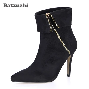 

Batzuzhi Brand New Women Boots Pointed Toe Black Suede Sexy Women Short Boots 9.7cm Thin Heels Zip Women Dress Ankle Boots, 43